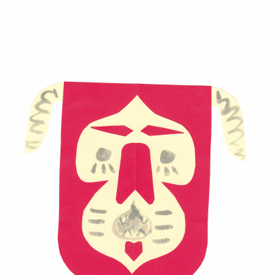 Máscara decorativa de papel vermelho e bege com padrão de rosto abstrato cinzento e vermelho