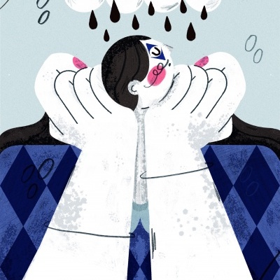 Ilustração colorida de uma pessoa segurando o rosto com nuvens e gotas acima