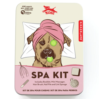 Caixa SPA kit para cães com estampa de cão com toalha rosa na cabeça e fatias de pepino no olho e língua