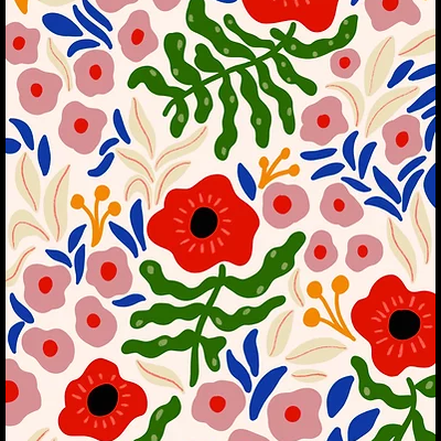 Padrão floral colorido com flores vermelhas e folhas verdes