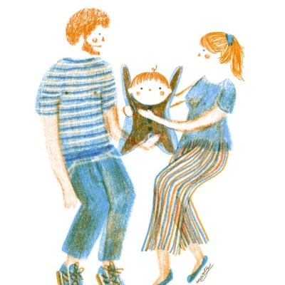 Ilustração de casal e bebé com roupas coloridas
