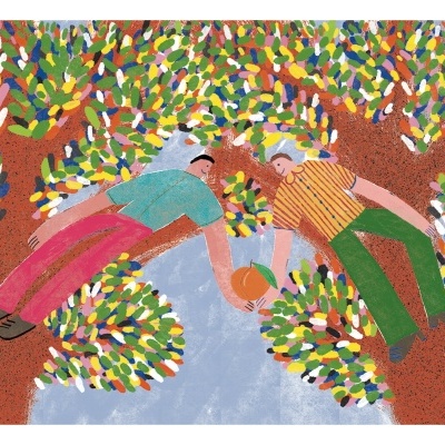 Ilustração colorida de duas pessoas entre árvores com folhas coloridas, segurando uma bola laranja número 3