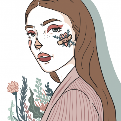Ilustração de mulher com cabelo longo e camisola rosa com plantas de fundo