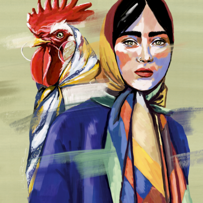Ilustração digital de mulher com lenço colorido e galo vermelho ao lado