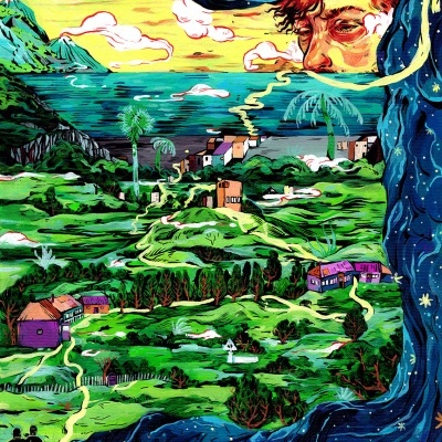 Pintura colorida de paisagem com casas, árvores, montanhas, um casal e rosto masculino soprando nuvens