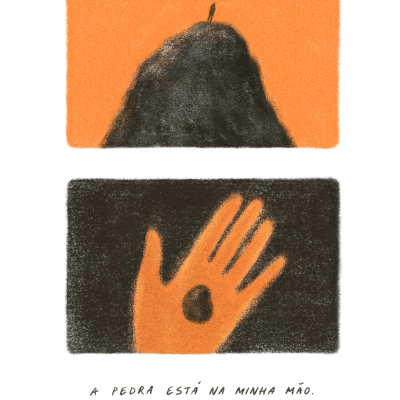 Desenho de uma pedra preta sobre fundo laranja e uma mão segurando a pedra com texto em português