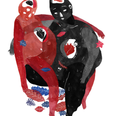 Ilustração de figuras humanas vermelhas e pretas com coração e cérebro visíveis
