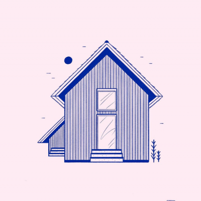 Desenho minimalista de uma casa azul com linhas verticais em fundo rosa claro