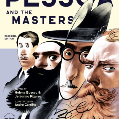 Capa de livro com ilustrações de quatro homens e texto bilíngue sobre literatura