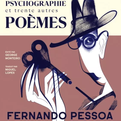 Capa de livro bilíngue com ilustração de homem faminto, título e nome Fernando Pessoa.