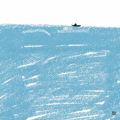 Mar azul com um pequeno barco preto ao fundo sobre fundo branco