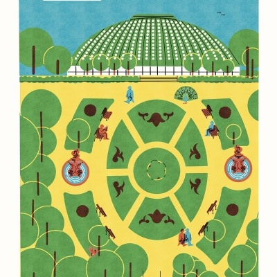 Ilustração do Jardim do Palácio de Cristal com edifício cúpula verde, árvores e pessoas pequenas.