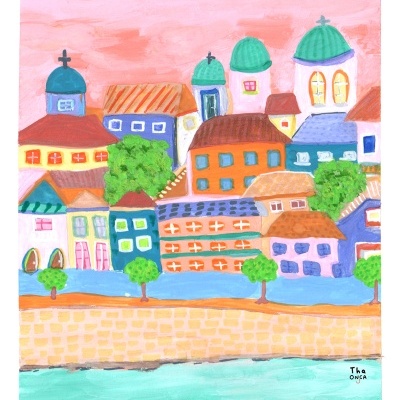 Pintura colorida de vila com edifícios variados e árvores junto ao mar