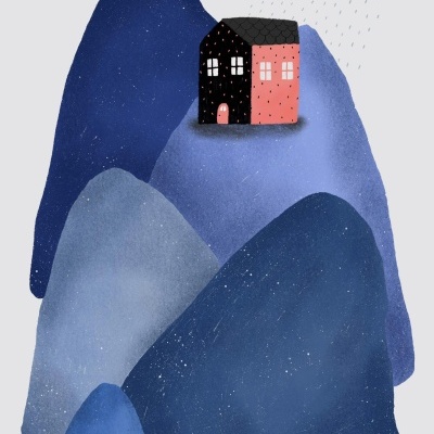 Ilustração de montanhas azuis com casa preta e rosa no topo e nuvem preta a chover