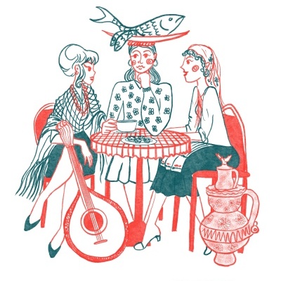 Ilustração de mulheres com guitarra e peixe na cabeça ao lado de uma mesa com toalha xadrez