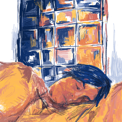 Pessoa de cabelo escuro deitada em almofadas amarelas com fundo quadriculado azul e amarelo