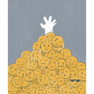 Mão branca saindo de pilha de emojis amarelos com várias expressões num fundo cinzento.