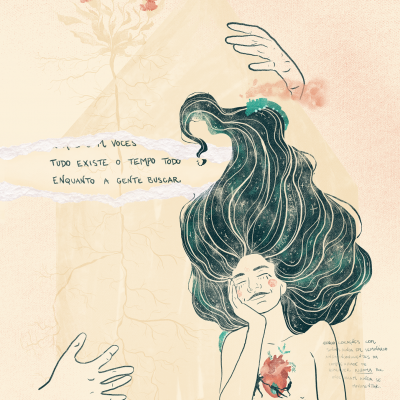 Ilustração artística de mulher com cabelo longo e desenho de coração no peito e mãos ao redor