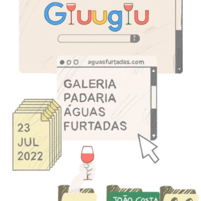 Interface digital ilustrada com texto 'Giuguí', data 23 JUL 2022, URL e pastas rotuladas.