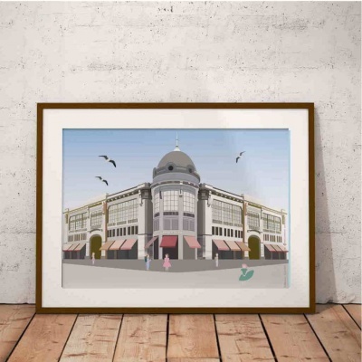 Ilustração de edifício histórico com cúpula e toldos vermelhos em quadro de madeira encostado à parede.