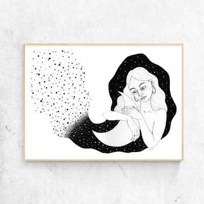 Quadro decorativo de sereia em ilustração preto e branco com moldura de madeira