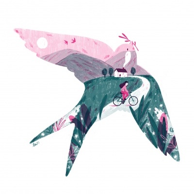 Ilustração colorida de pássaro com paisagem interior e ciclista