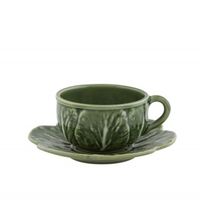 Chávena verde em cerâmica com prato em formato de folha
