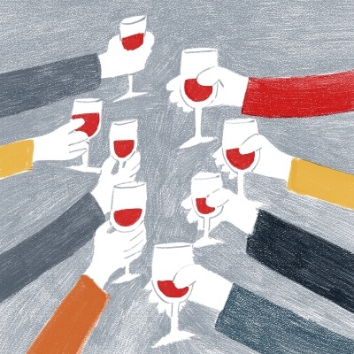 Mãos segurando copos de vinho tinto em ilustração colorida