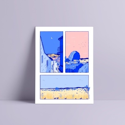 Cartaz com três ilustrações coloridas em azul, rosa e amarelo num ambiente minimalista