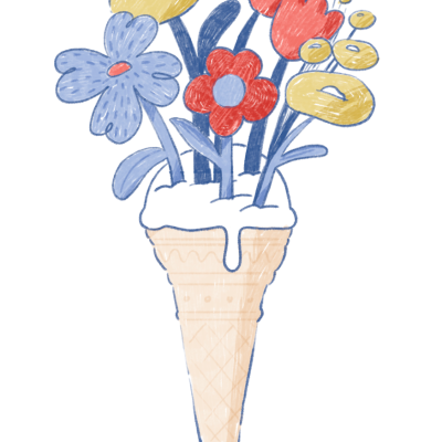 Desenho de um cone de gelado com flores coloridas no interior