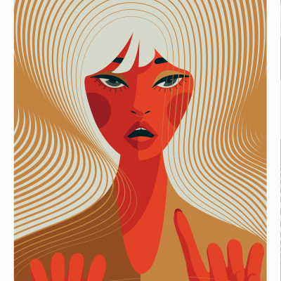 Ilustração abstrata de mulher com padrões ondulados em tons de vermelho, laranja e bege
