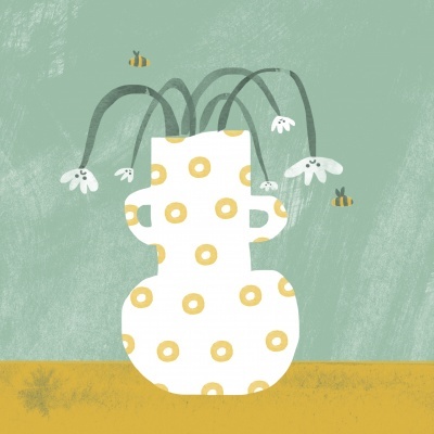 Desenho de vaso branco com círculos amarelos e flores brancas, abelhas e fundo verde claro.