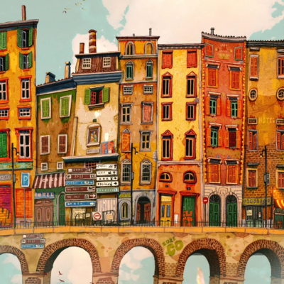 Edifícios coloridos sobre ponte de arcos com céu azul e pássaros.