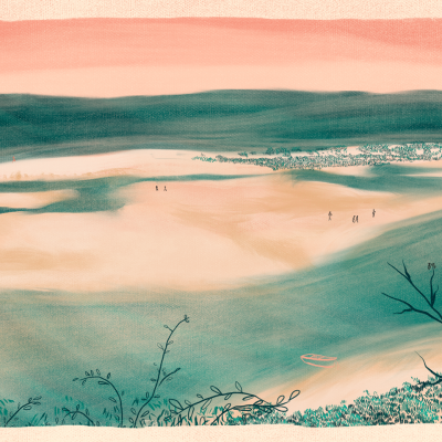 Ilustração artística de uma paisagem costeira com bicicleta desenhada