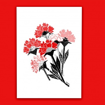 Ilustração minimalista de flores vermelhas e pretas sobre fundo branco