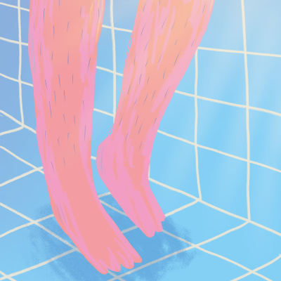 Ilustração digital de pernas rosadas com pêlos perto de uma piscina com azulejos azuis e brancos