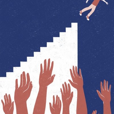 Desenho com mãos estendidas e pessoa com cabeça de lua flutuando perto de escada branca