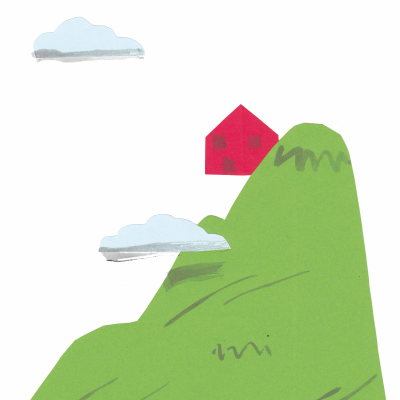 Desenho de uma casa vermelha no topo de uma colina verde com nuvens no céu