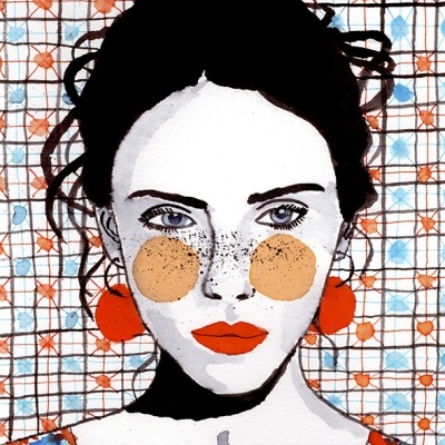 Ilustração artística de rosto feminino com brincos vermelhos e fundo colorido