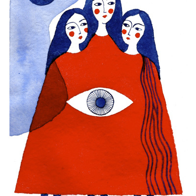 Ilustração de três mulheres com cabelo azul e vestido vermelho com olho azul no centro