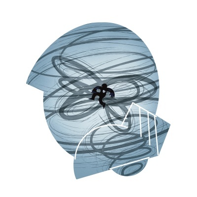 Objeto circular com padrão abstrato azul e cinza sobre fundo branco