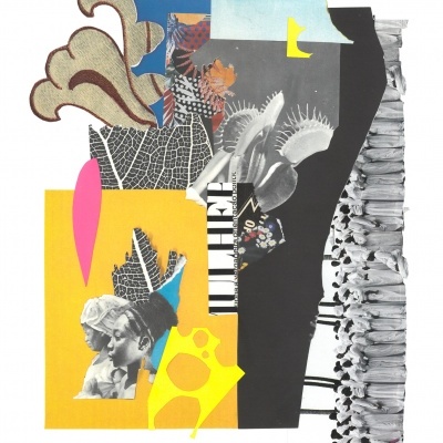 Colagem artística colorida com recortes fotográficos, padrões abstratos e texto 'IVRE'.