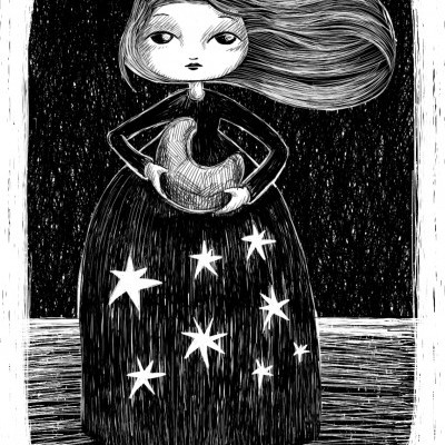 Ilustração a preto e branco de uma figura feminina com vestido estrelado