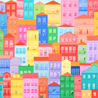 Fachadas coloridas de casas desenhadas digitalmente com várias janelas e telhados sob céu azul.