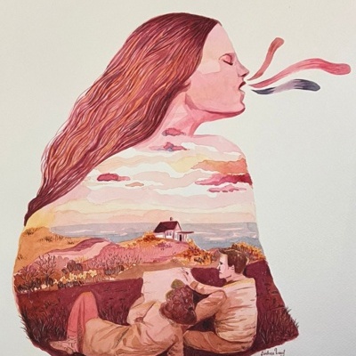 Ilustração de mulher com paisagem e casal dentro da silhueta