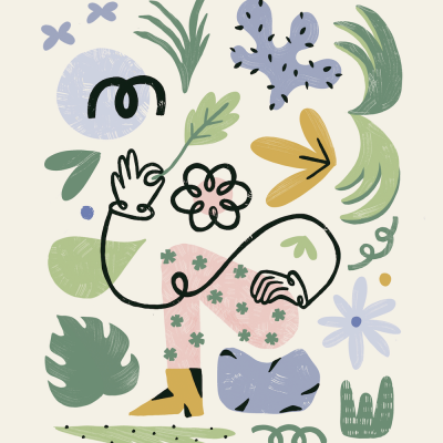 Ilustração abstrata de plantas e figura humana com calças cor-de-rosa e plantas coloridas