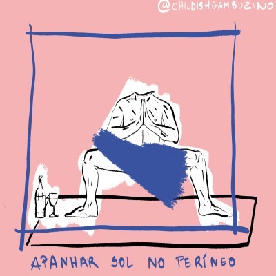 Desenho estilizado de figura humana com pano azul, garrafa e copo, texto 'APANHAR SOL NO PERÍNEO'