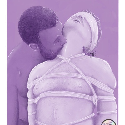 Ilustração digital com duas pessoas, uma amarrada e vendada, fundo roxo