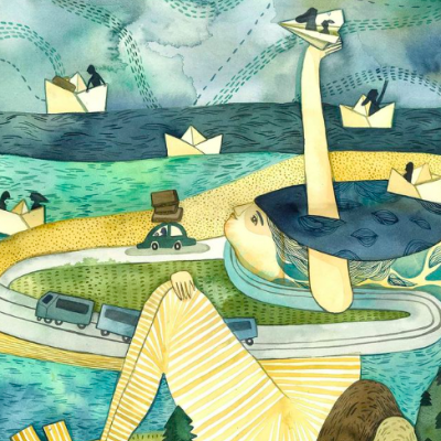 Desenho de pessoa deitada com roupa amarela e azul, com barcos de papel e veículos ao fundo.