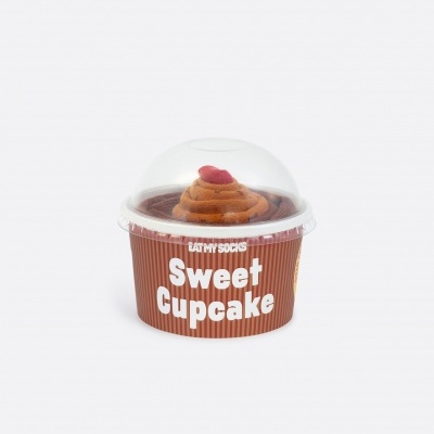 Embalagem castanha riscada com tampa transparente e texto Sweet Cupcake